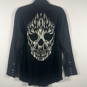 🔥 BROOKS & DUNN Collection Panhandle Slim “Flaming Skull” Western Snap Shirt Lg